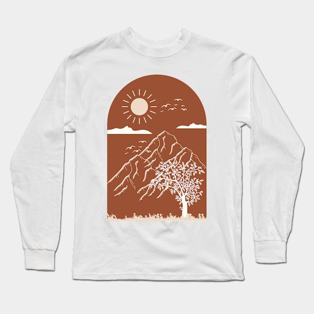 Boho Neutral Minimalist Landscape Nature Mounted Print Long Sleeve T-Shirt by zedonee